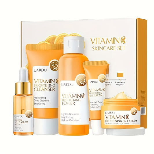 🌟 LAIKOU Vitamin C Series 5 pcs 🧴💧💎👀🍊 – Cleanser, Toner, Serum, Eye Cream & Moisturizing Cream ✨ Unisex, Brightening & Hydrating, Skincare Gift 🎁