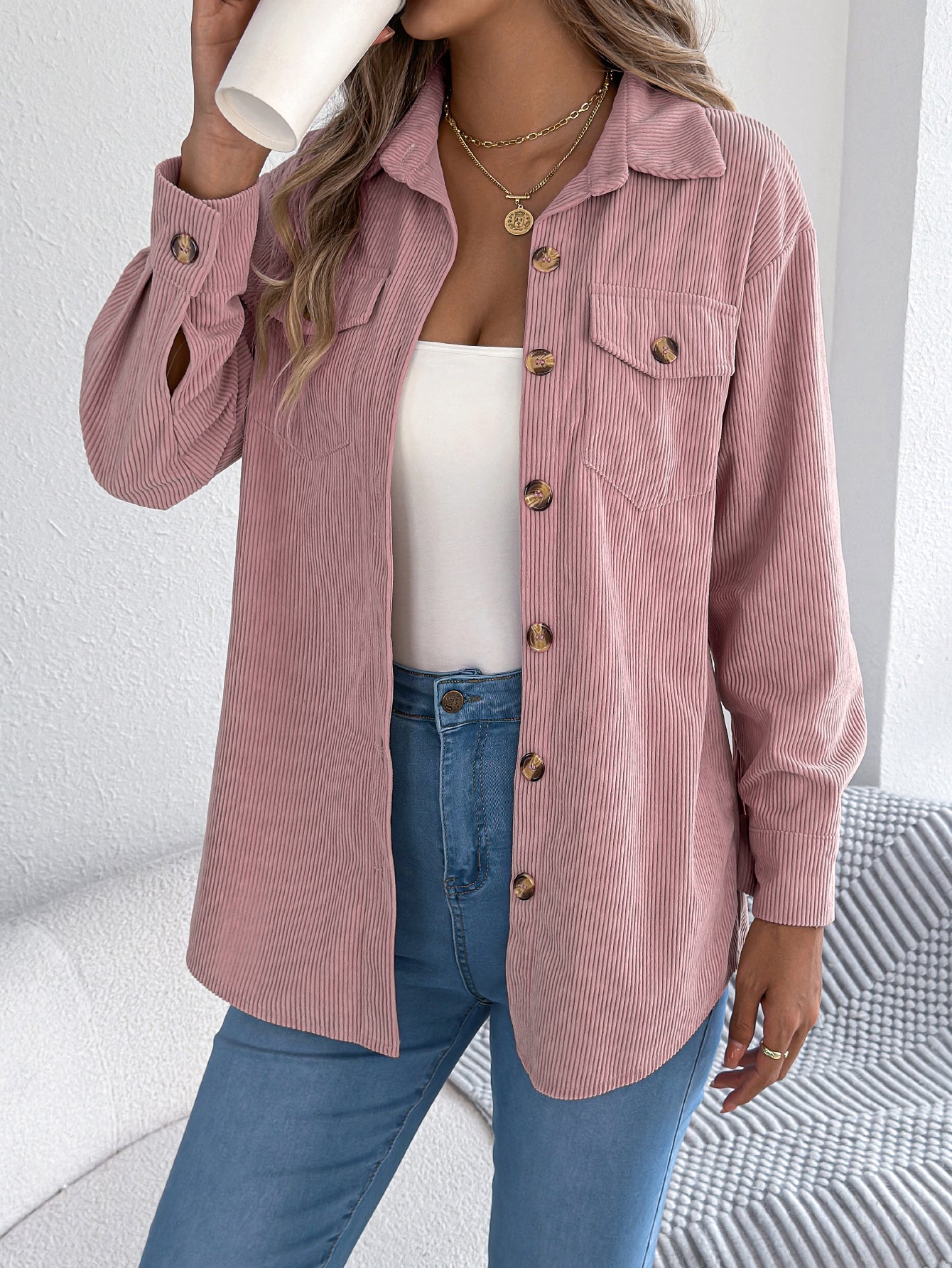 Women’s Faux Pocket Corduroy Jacket – Long Sleeve Mid-Length Styl
