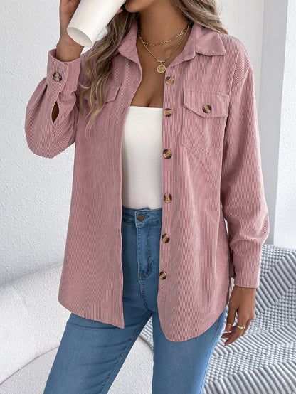 Women’s Faux Pocket Corduroy Jacket – Long Sleeve Mid-Length Styl