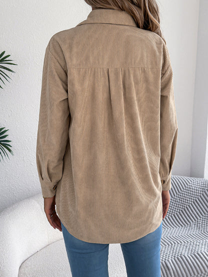 Women’s Faux Pocket Corduroy Jacket – Long Sleeve Mid-Length Styl