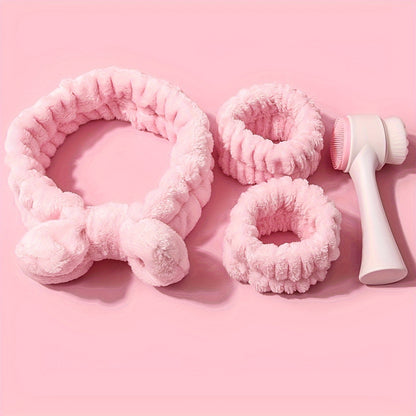 🌟 3D Double Silicone Facial Brush 🧴💆‍♀️ – Soft Bristles 🪥, Exfoliating 🌿, Double-Sided, with Coral Fleece Headband 🎀 – Skincare & Travel Friendly ✈️