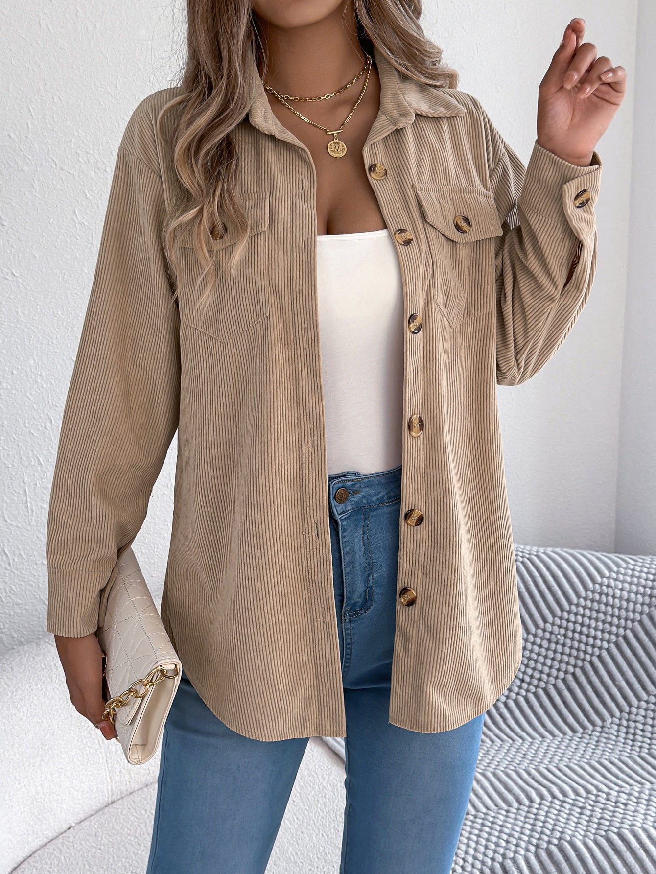Women’s Faux Pocket Corduroy Jacket – Long Sleeve Mid-Length Styl