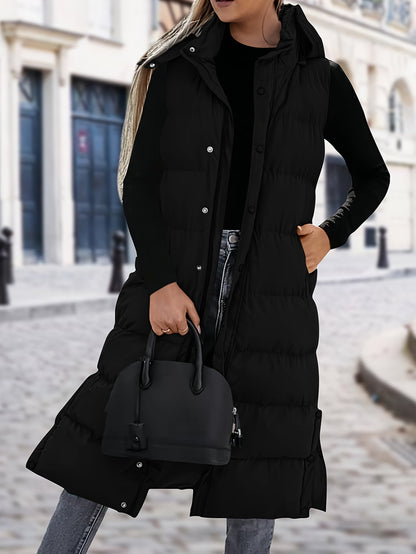 🧥❄️ Long Down Vest for Women ✨ Quilted Hooded Sleeveless Vest | 🔘 Button + Zipper | 🧸 Padded & Cozy 💼 New Fashionable Commuting Winter Jacket | 🚶‍♀️ Stylish Cold-Weather Outerwear