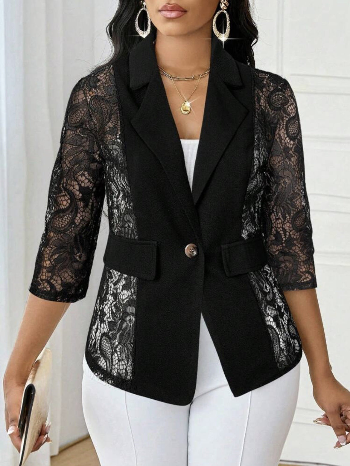 Women’s Elegant Lace Hollow-Out Jacket – Solid Color, 3/4 Sleeves
