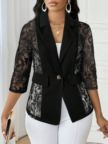 Women’s Elegant Lace Hollow-Out Jacket – Solid Color, 3/4 Sleeves