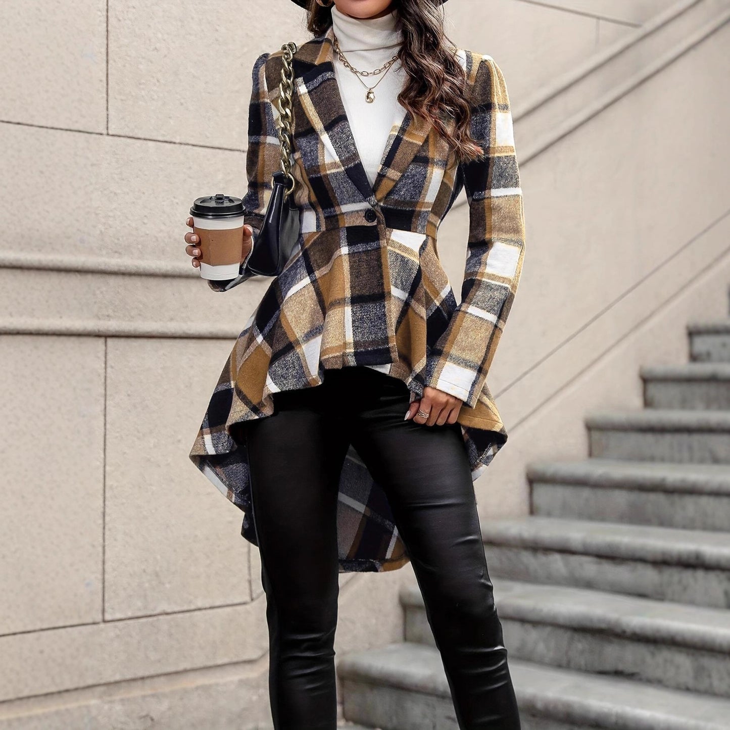 Women’s Plaid Button-Front Jacket – Long Sleeve High-Low Flared Hem