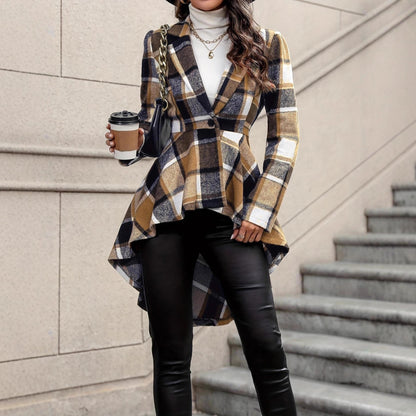 Women’s Plaid Button-Front Jacket – Long Sleeve High-Low Flared Hem