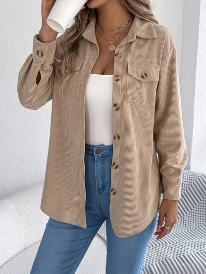 Women’s Faux Pocket Corduroy Jacket – Long Sleeve Mid-Length Styl