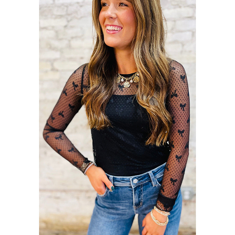 Autumn New Bow Print Long-sleeved T-shirt For Women