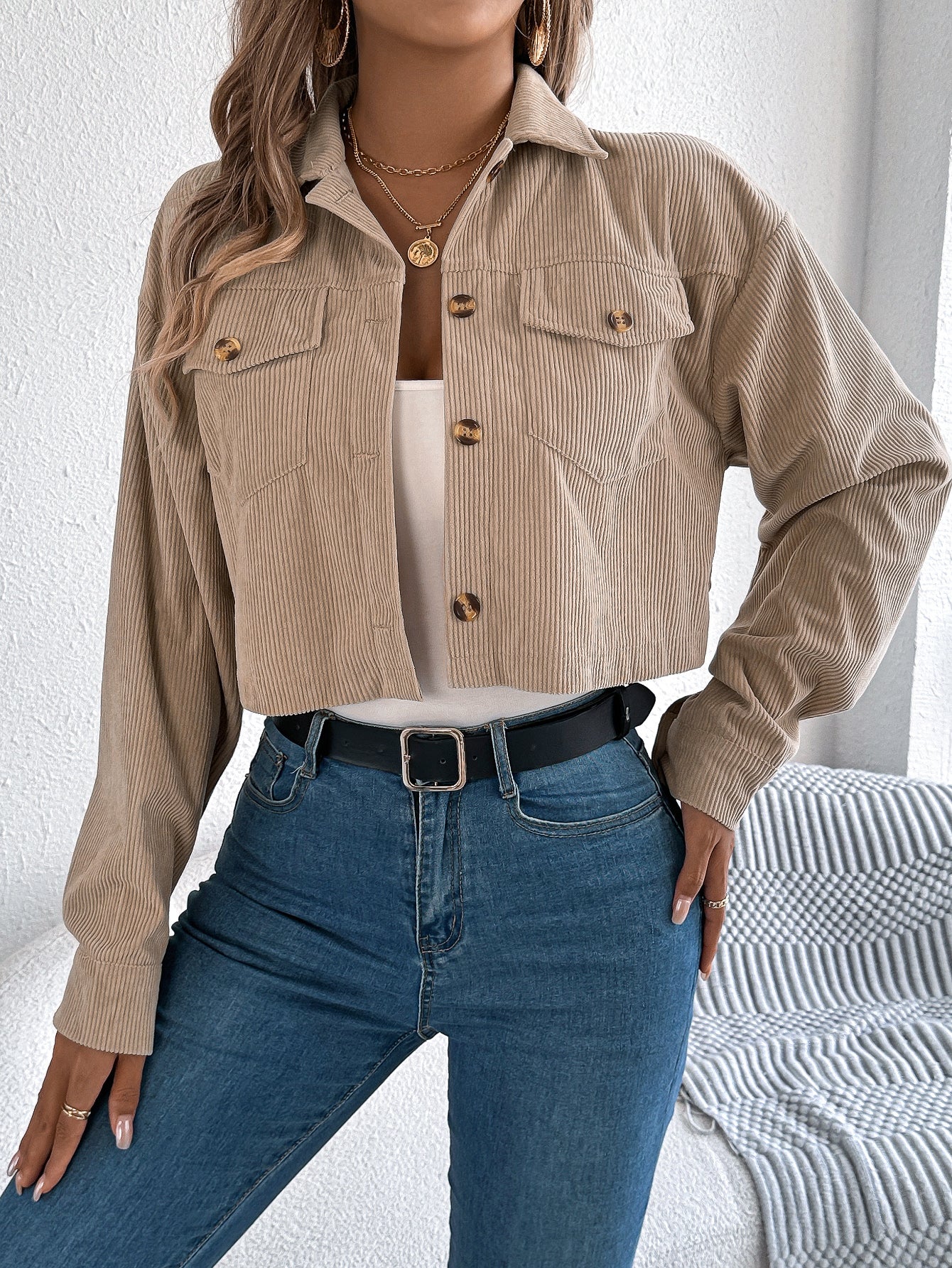 Casual Corduroy Short Jacket with Pockets