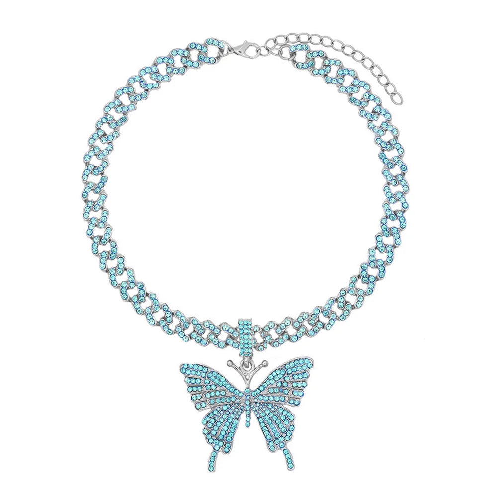 🦋💎 Bling Butterfly Pendant Necklace – Crystal Cuban Chain for Women ✨🌸