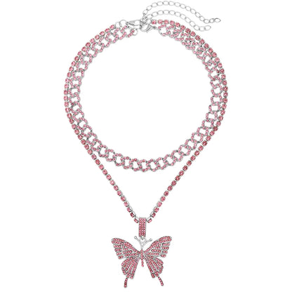 🦋💎 Bling Butterfly Pendant Necklace – Crystal Cuban Chain for Women ✨🌸
