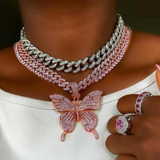 🦋💎 Bling Butterfly Pendant Necklace – Crystal Cuban Chain for Women ✨🌸