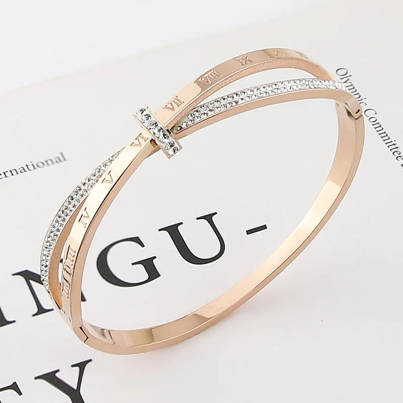 New Stainless Steel Jewelry Crystal Cross Roman Numeral Bangle Bracelet for Women – Elegant Gift, Wholesale
