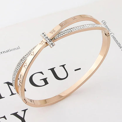 New Stainless Steel Jewelry Crystal Cross Roman Numeral Bangle Bracelet for Women – Elegant Gift, Wholesale