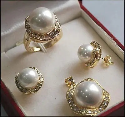 🤍✨ White South Sea Shell Pearl Jewelry Set – Necklace, Earrings & Ring (10mm & 14mm) ✨🤍