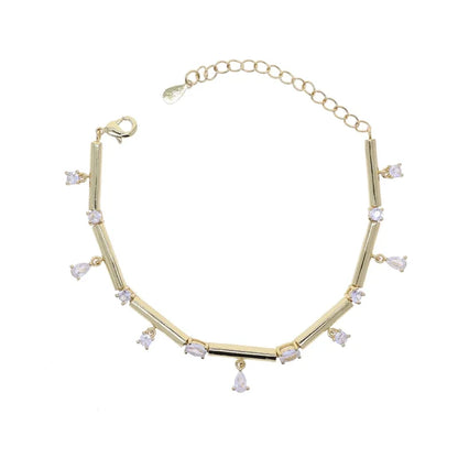 💛✨ 2025 Bling Geometric CZ Drop Charm Bracelet – Gold Bamboo Link Chain ✨💎