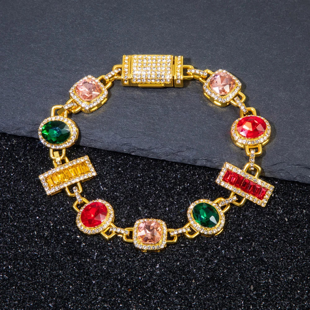 🔥💎 Hip Hop Iced Out Tennis Chain – Colorful Baguette Zircon Necklace ✨👑