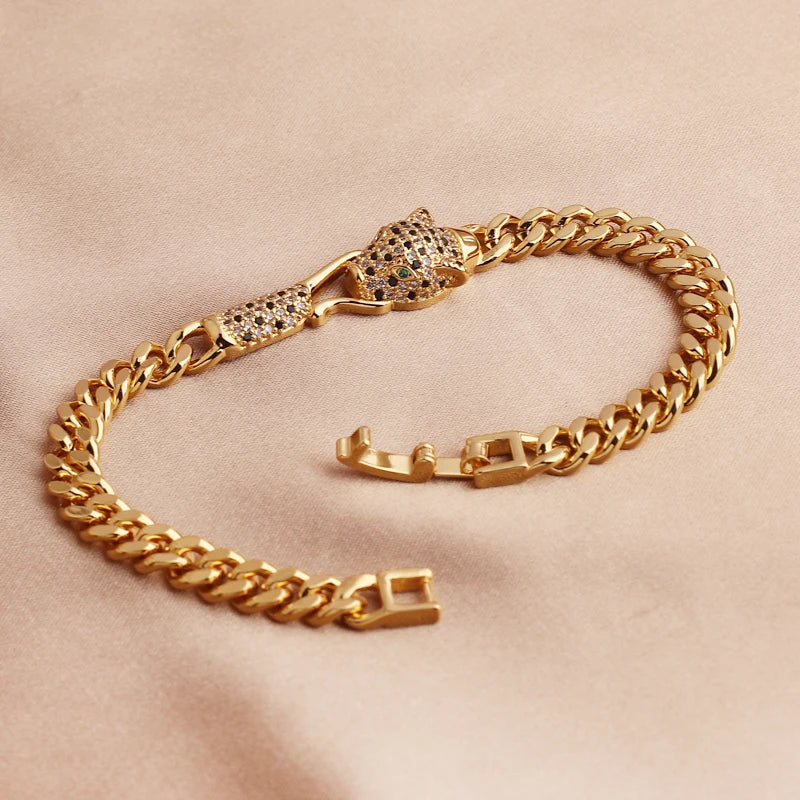 🔥💎 Hip Hop Black Leopard Cuban Chain Bracelet – 18K Gold Plated with CZ Stones 🦁✨