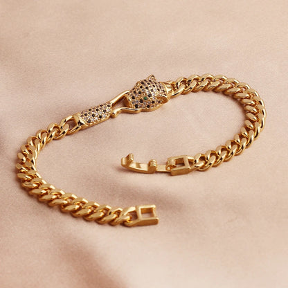 🔥💎 Hip Hop Black Leopard Cuban Chain Bracelet – 18K Gold Plated with CZ Stones 🦁✨