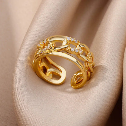 Gold Plated Crystal Zircon Ring - Chain Geometry Stainless Steel Jewelry