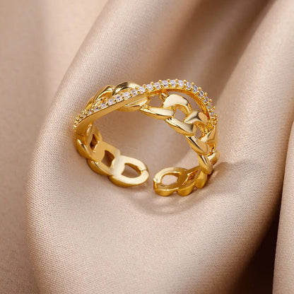Gold Plated Crystal Zircon Ring - Chain Geometry Stainless Steel Jewelry
