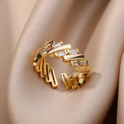 Gold Plated Crystal Zircon Ring - Chain Geometry Stainless Steel Jewelry
