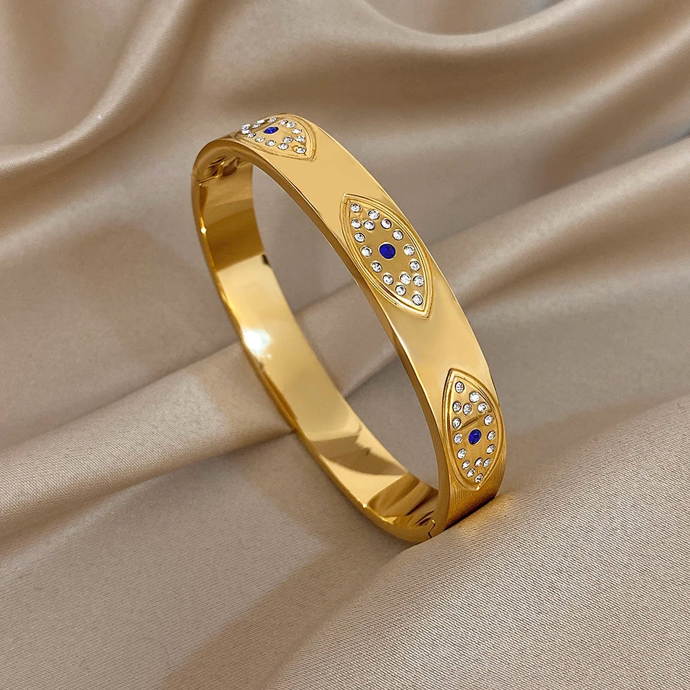 Turkish Evil Eye Rhinestone Stainless Steel Cuff Bracelet for Women, Gold-Plated Waterproof Charm Jewelry
