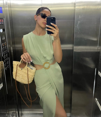 Women's Hollow Out Slit Long Dress - O-Neck Sleeveless Beach Dress
