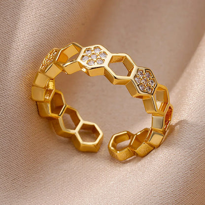 Gold Plated Crystal Zircon Ring - Chain Geometry Stainless Steel Jewelry