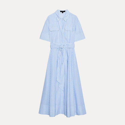 Women's Striped Shirt Dress - High Waist A-Line Short Sleeve Loose Fit