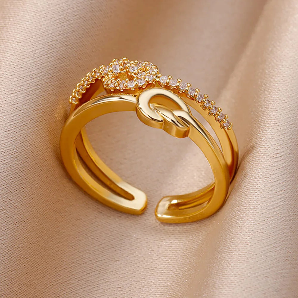 Gold Plated Crystal Zircon Ring - Chain Geometry Stainless Steel Jewelry