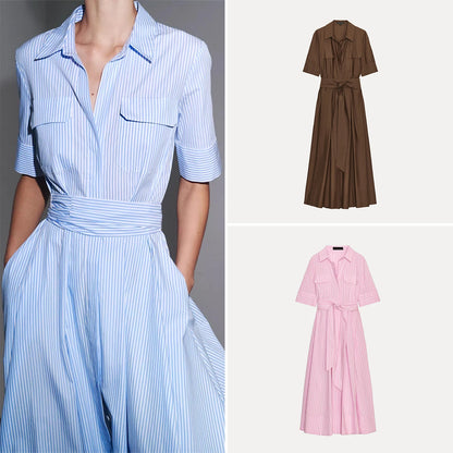 Women's Striped Shirt Dress - High Waist A-Line Short Sleeve Loose Fit