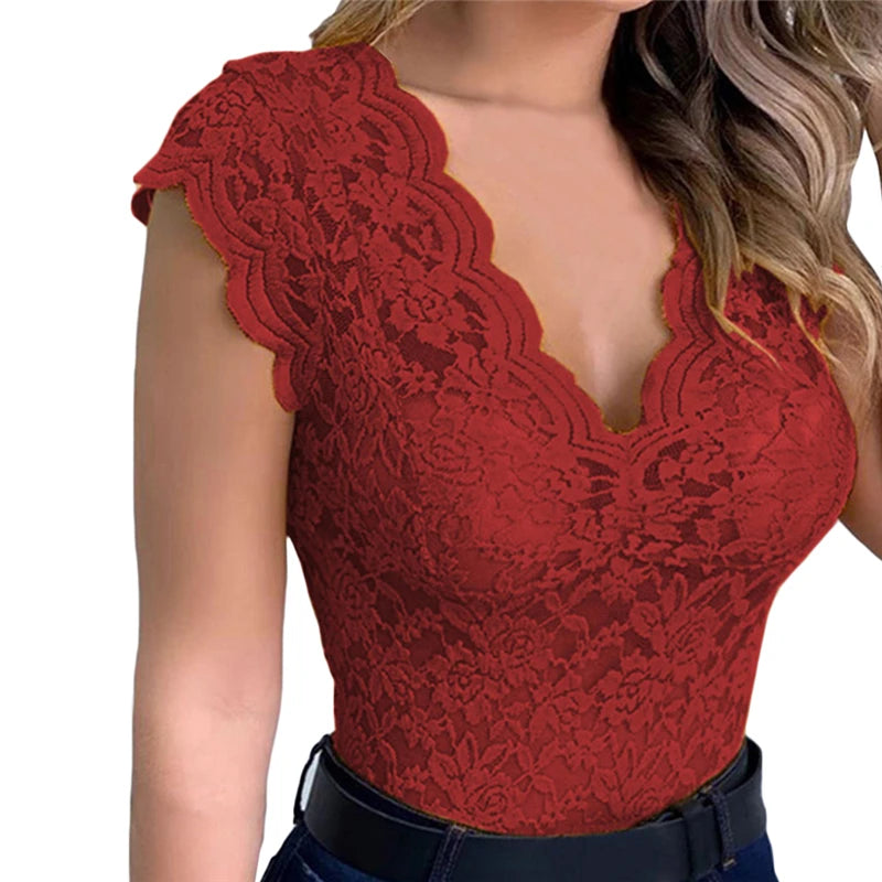 Women's V-Neck Lace Hollow-Out Tank Top - Elegant Sleeveless Clubwear Vest