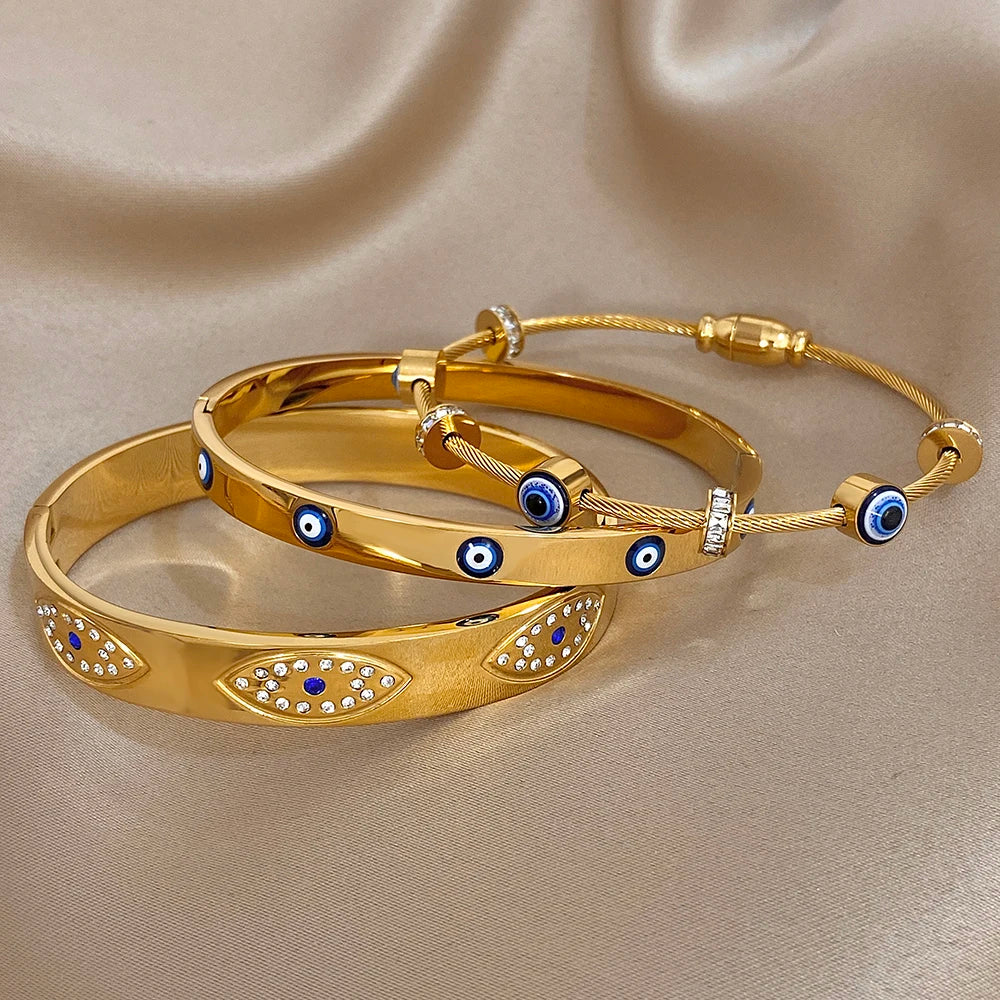 Turkish Evil Eye Rhinestone Stainless Steel Cuff Bracelet for Women, Gold-Plated Waterproof Charm Jewelry