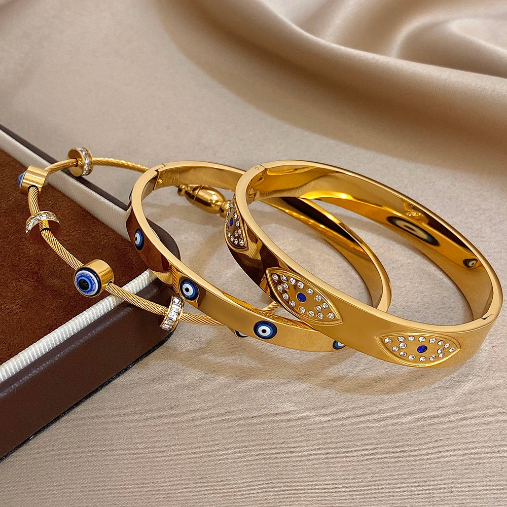 Turkish Evil Eye Rhinestone Stainless Steel Cuff Bracelet for Women, Gold-Plated Waterproof Charm Jewelry