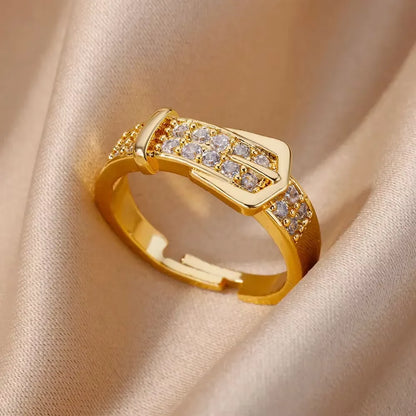 Gold Plated Crystal Zircon Ring - Chain Geometry Stainless Steel Jewelry
