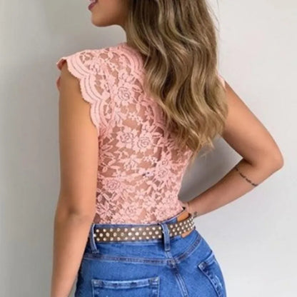 Women's V-Neck Lace Hollow-Out Tank Top - Elegant Sleeveless Clubwear Vest
