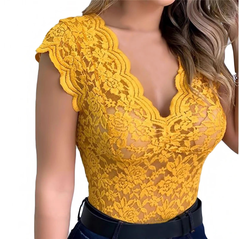 Women's V-Neck Lace Hollow-Out Tank Top - Elegant Sleeveless Clubwear Vest