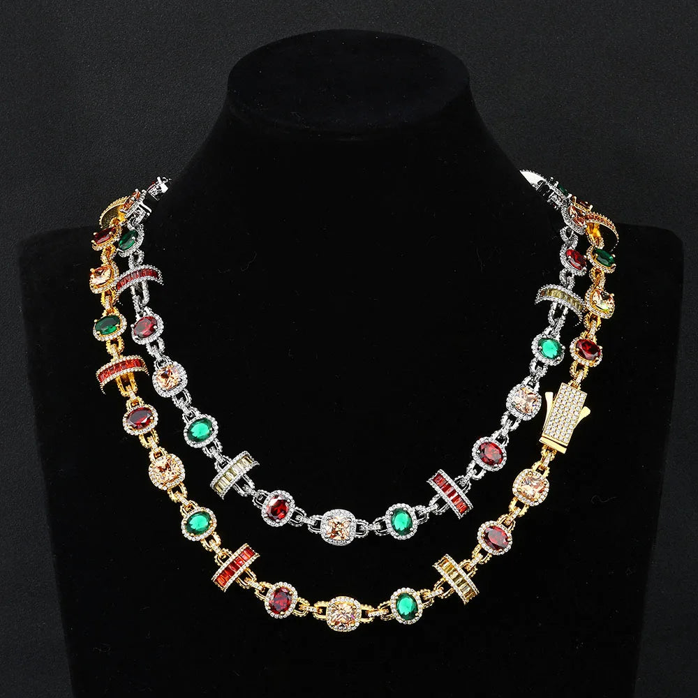 🔥💎 Hip Hop Iced Out Tennis Chain – Colorful Baguette Zircon Necklace ✨👑