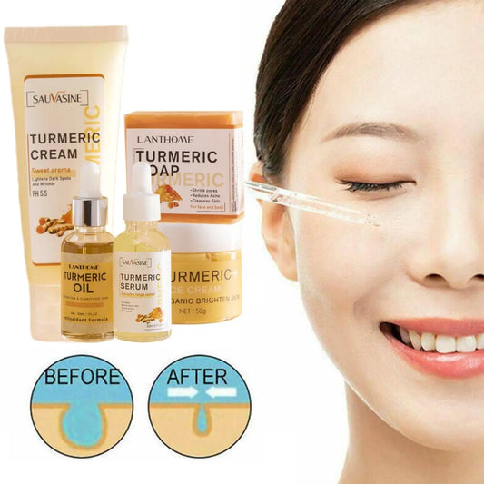🌿 Turmeric Face Care Set (5pcs) ✨ | Acne Cleansing Cream 🧴 | Dark Spot Fading 🌸 | Turmeric Serum 💧 | Anti-Aging & Moisturizing Skin Care 💖