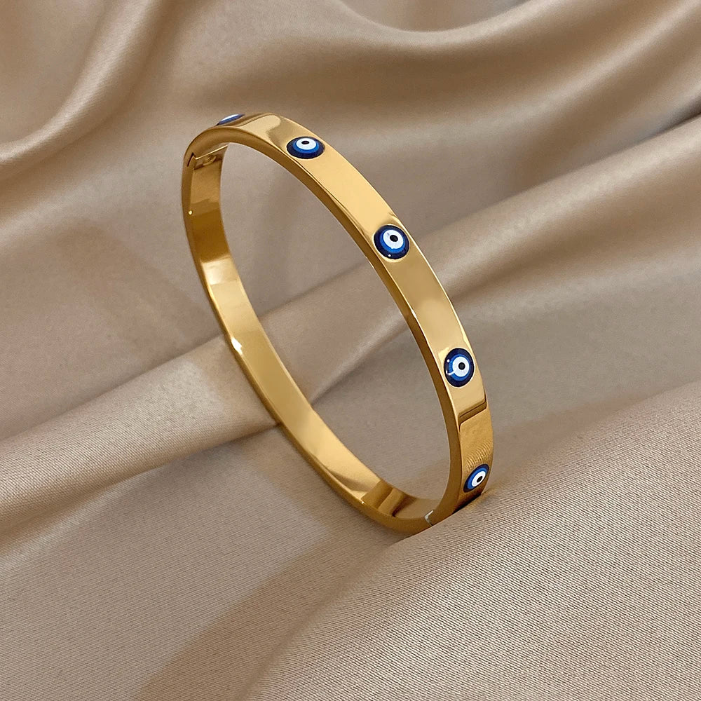 Turkish Evil Eye Rhinestone Stainless Steel Cuff Bracelet for Women, Gold-Plated Waterproof Charm Jewelry