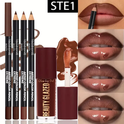 4-Piece Lip Kit Set with Waterproof Matte Lip Liner and Lip Glaze