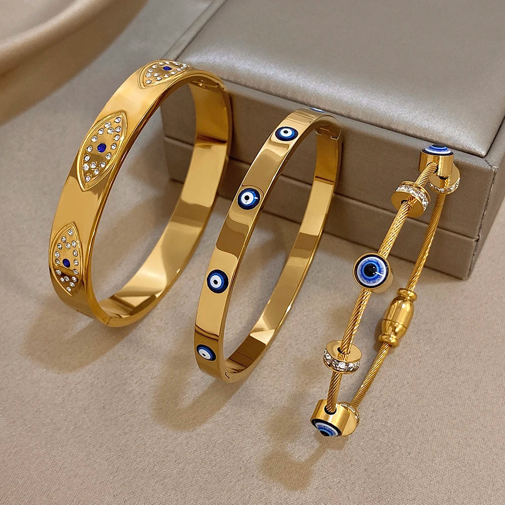 Turkish Evil Eye Rhinestone Stainless Steel Cuff Bracelet for Women, Gold-Plated Waterproof Charm Jewelry