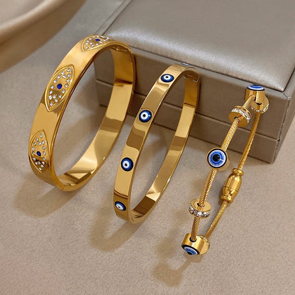 Turkish Evil Eye Rhinestone Stainless Steel Cuff Bracelet for Women, Gold-Plated Waterproof Charm Jewelry