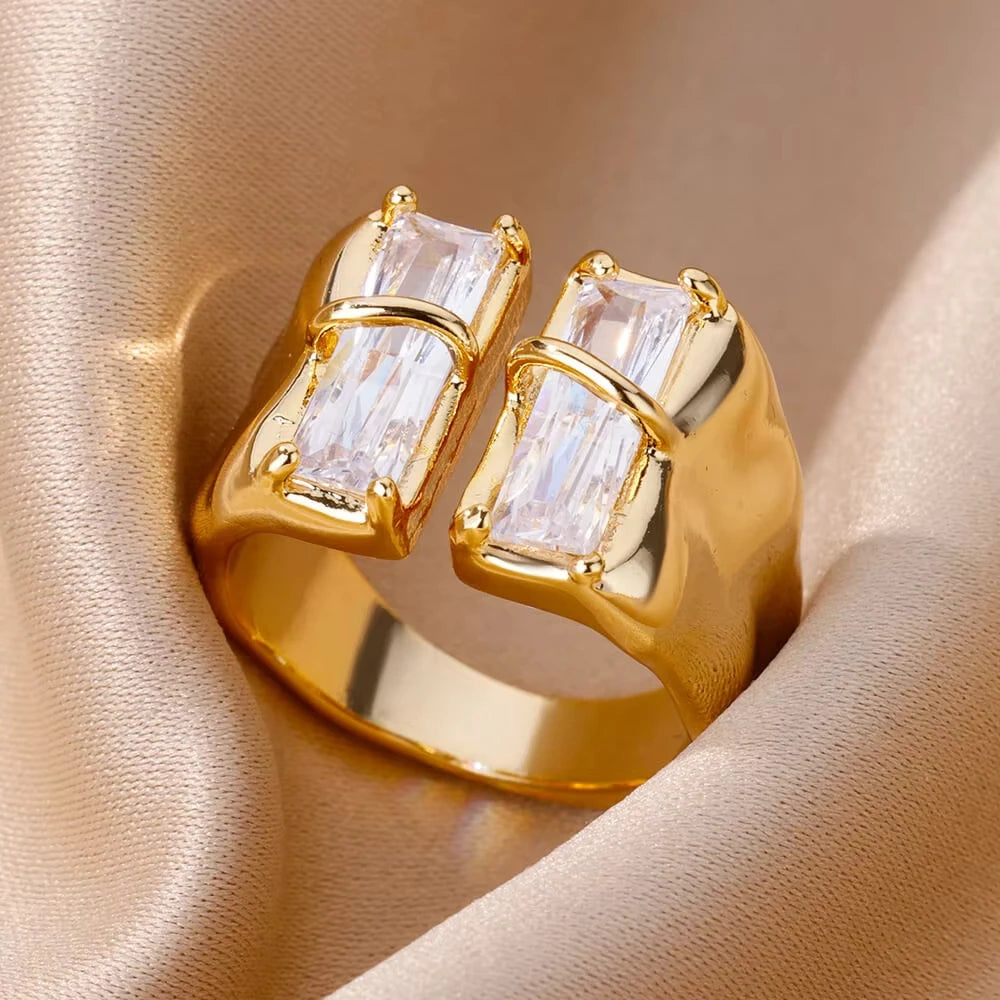 Gold Plated Crystal Zircon Ring - Chain Geometry Stainless Steel Jewelry