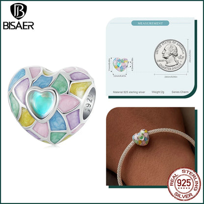 🌈💎 BISAER 925 Sterling Silver Rainbow Heart Charm Bead 💎🌈
