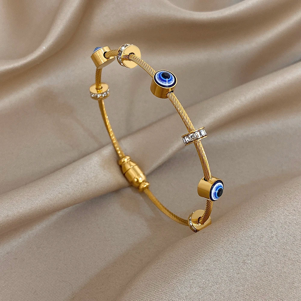 Turkish Evil Eye Rhinestone Stainless Steel Cuff Bracelet for Women, Gold-Plated Waterproof Charm Jewelry