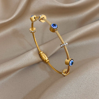 Turkish Evil Eye Rhinestone Stainless Steel Cuff Bracelet for Women, Gold-Plated Waterproof Charm Jewelry