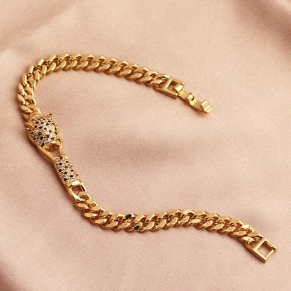 🔥💎 Hip Hop Black Leopard Cuban Chain Bracelet – 18K Gold Plated with CZ Stones 🦁✨